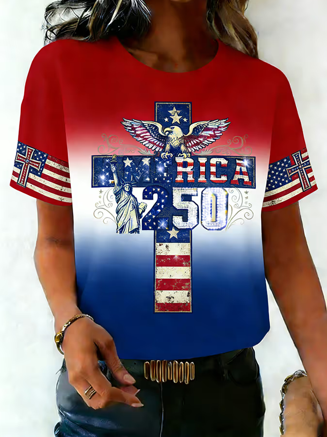 Women's Short Sleeve T-shirt Summer As Picture Independence Day (Flag) Printing Jersey Crew Neck Daily Going Out Casual Top