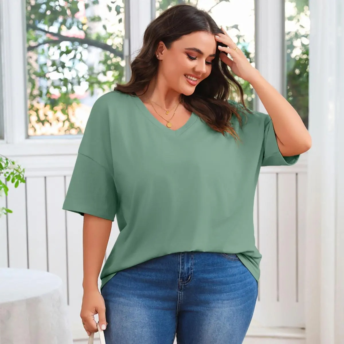 Women's V-Neck Short Sleeve Tunic Top Casual Loose Fit Soft Cotton Summer Tee