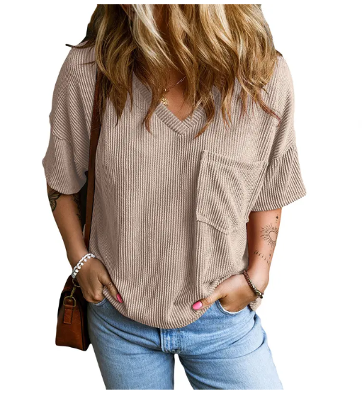 Women's Oversized Summer T Shirts Tops V Neck Short Sleeve Ribbed Knitted Casual Loose Fit Blouses