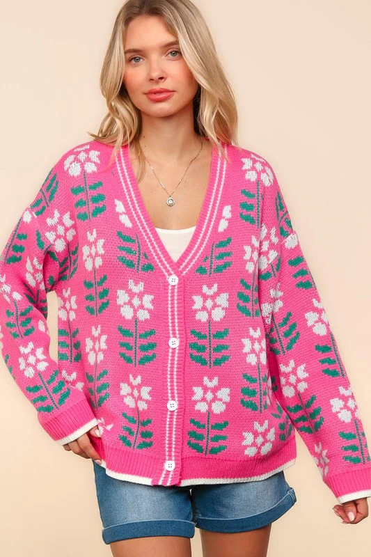 Fancy  Floral Jacquard V-Neck Button Up Cardigan