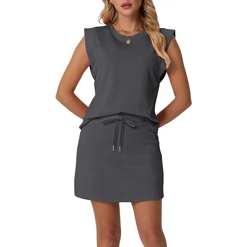 Women's Summer 2 Piece Skort Set – Cap Sleeve Round Neck Top & Tennis Skirt with Pockets for Athletic & Casual Wear