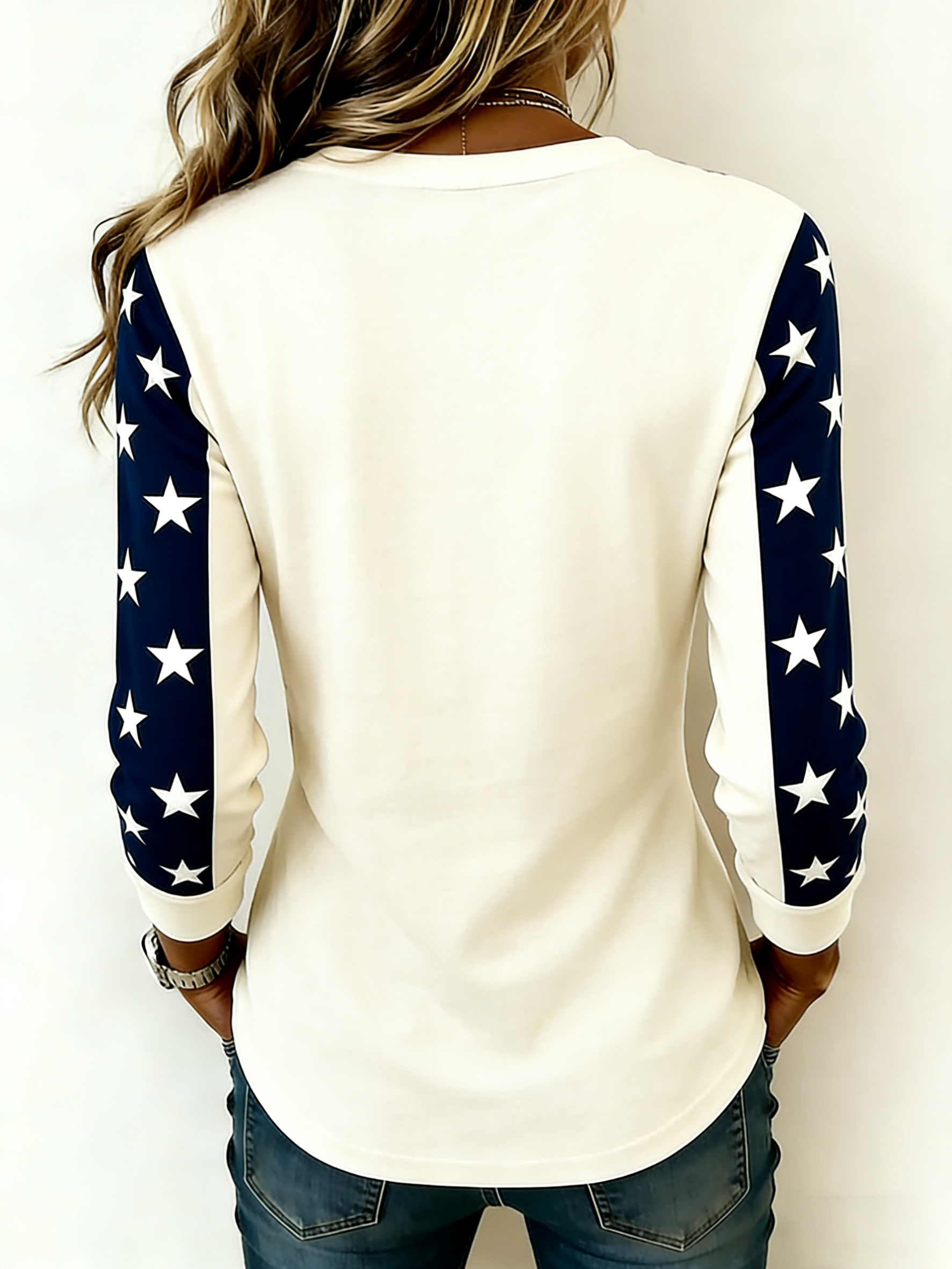 Flower Flag Patchwork Star Sleeve Design American Long Sleeved Top