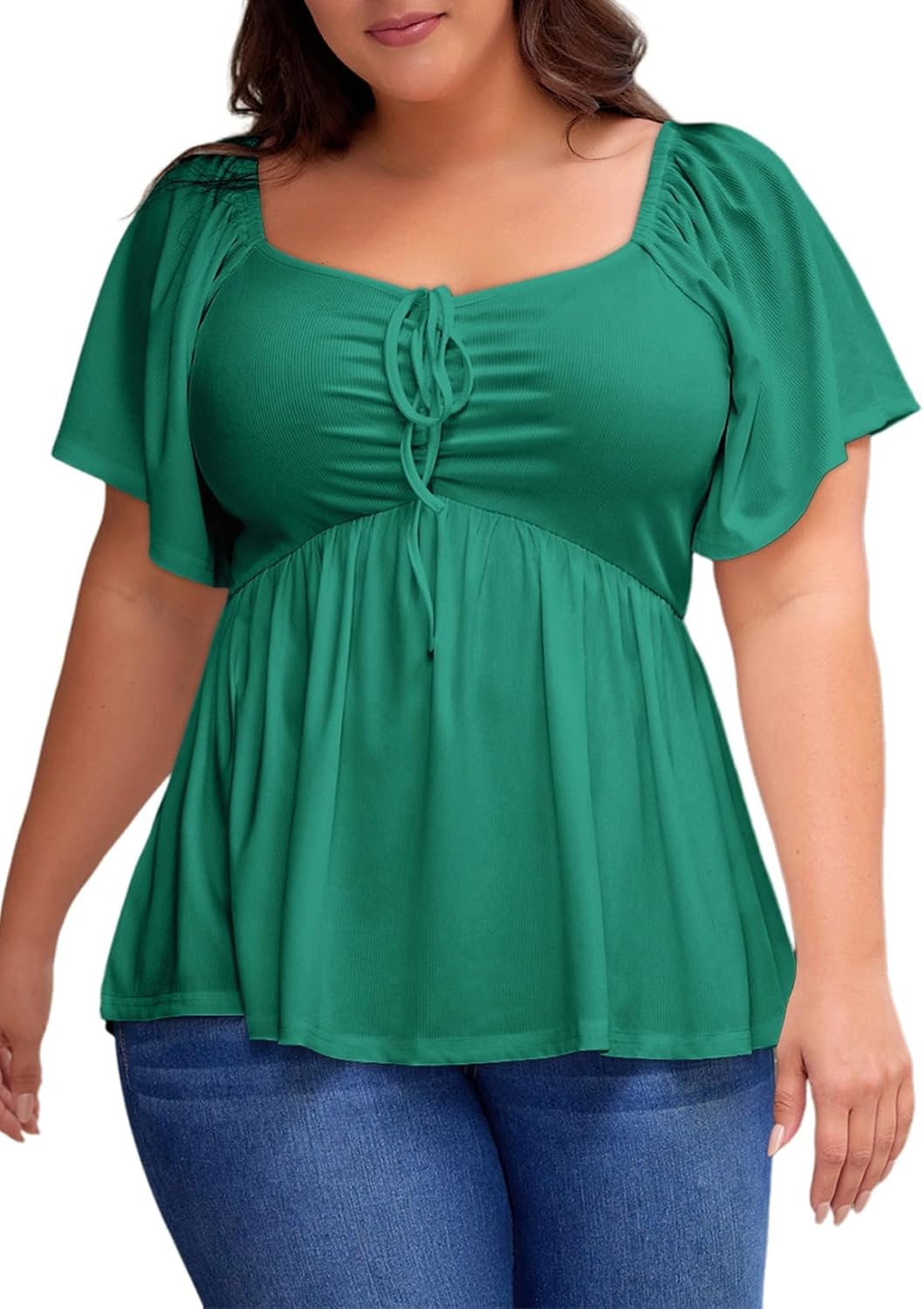 Womens Plus Size Tops Short Sleeve Sweetheart Neck Shirred Peplum Blouse Shirts