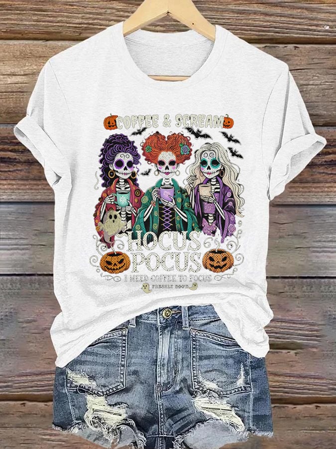 Women's Casual I Need Coffee to Focus Halloween Print Short Sleeve T-Shirt