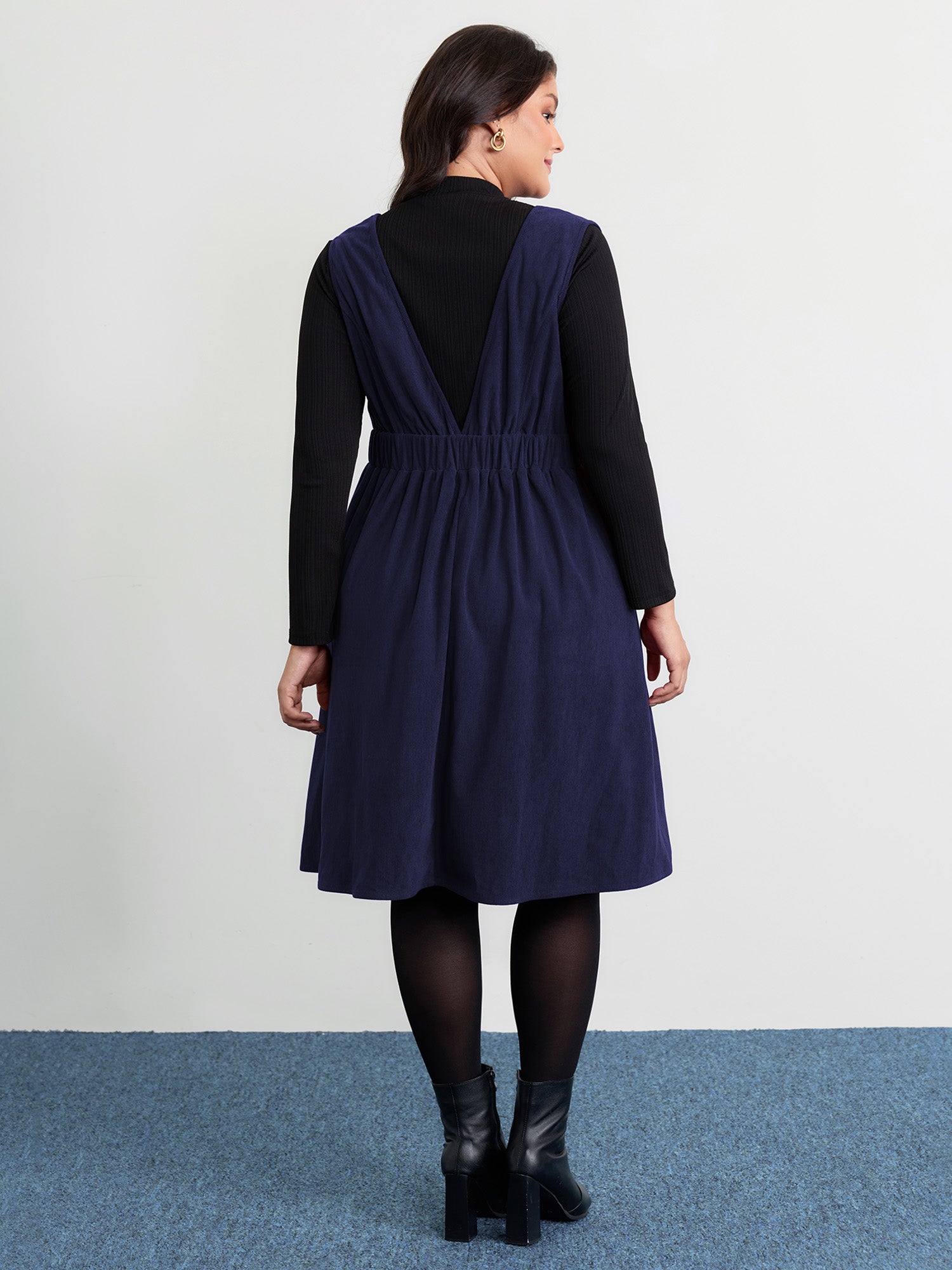 Corduroy Stretchy Waist V-Neck Mini Dress