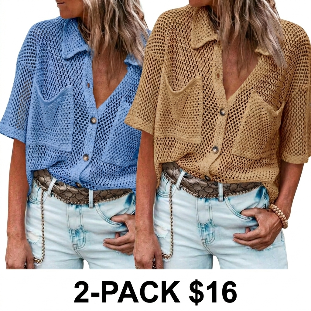 Women's Crochet Lightweight Cardigan – Short Sleeve Button Down Summer Cover Up
