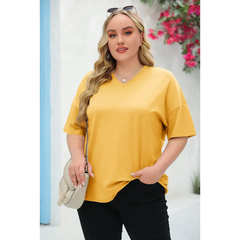 Women's Plus Size V Neck T Shirts Summer Half Sleeve Tees Casual Loose Fit Cotton Tunic Tops