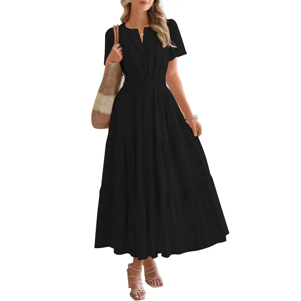 Women’s Summer V-Neck Boho Maxi Dress with Pockets