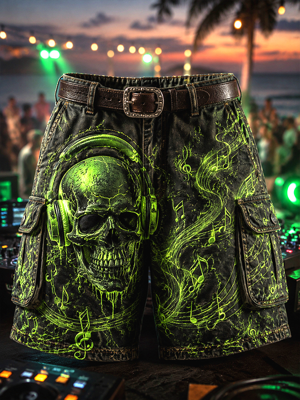 Men's Neon Green Glow Skull Headphones Music Note Art Print Casual Shorts