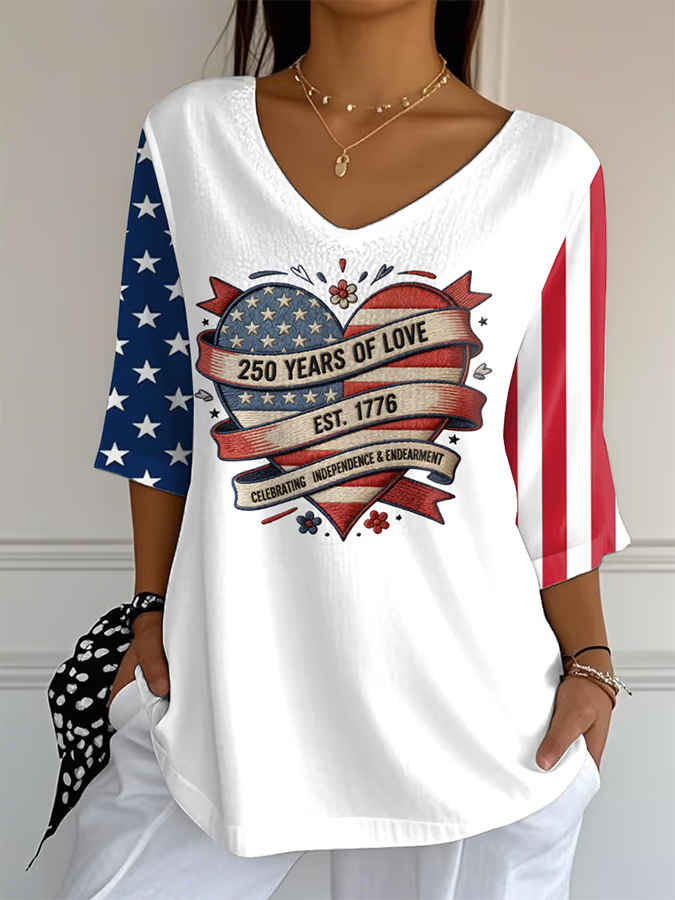 Women's Heart-Shaped Triangular Sleeve T-Shirt V-Neck Printed Casual T-Shirt