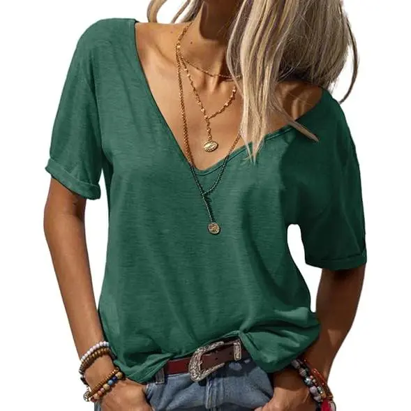 Women's Fashion Deep V-Neck Short Sleeve Tops Solid Casual Loose Basic T Shirt