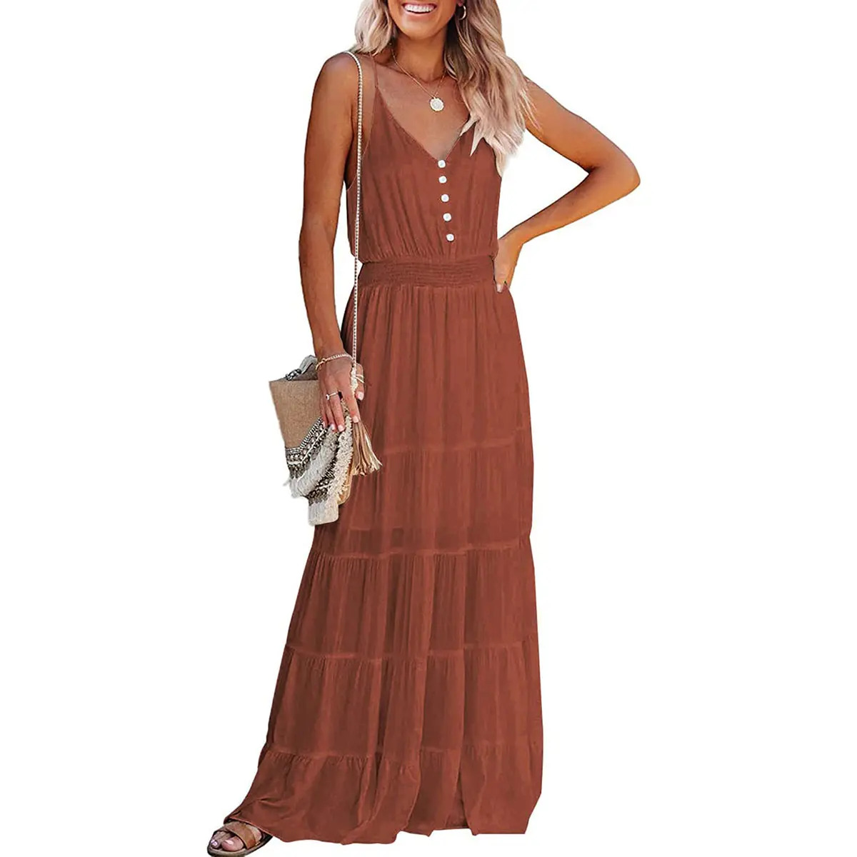Women's Casual Summer Dress Spaghetti Strap Sleeveless High Waist Beach Long Maxi Sun Dresses