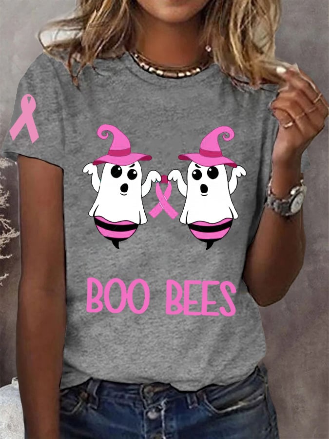 Women's Pink Halloween Ghost Save The Boo Bees Breast Cancer Awareness Warrior Tee