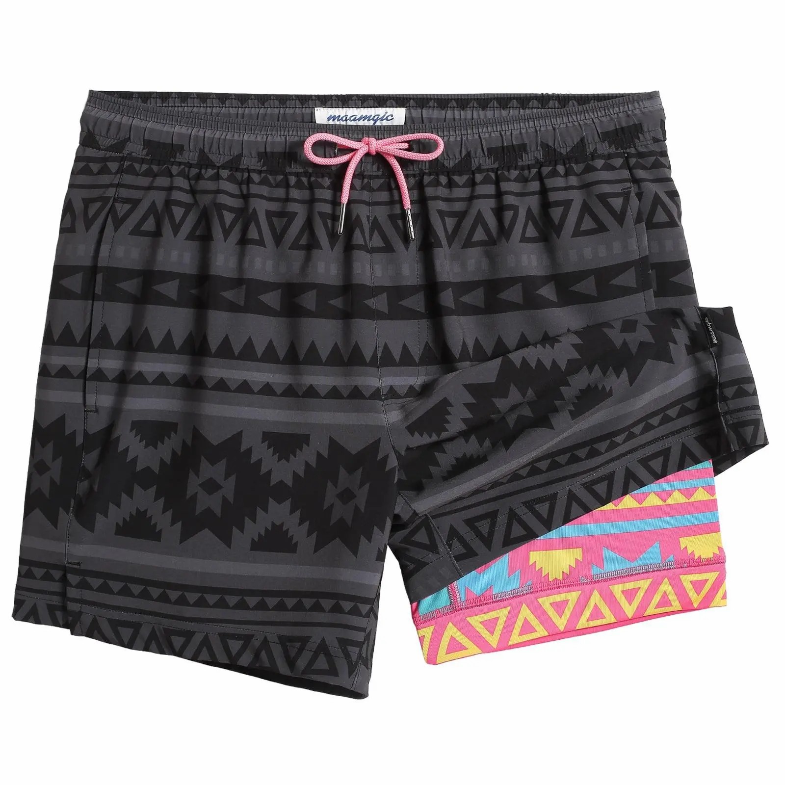 2 in 1 Stretch Short Lined Black Mayan Gym Shorts, Breathable Comfort Workout Athletic Training Shorts with Phone Pockets