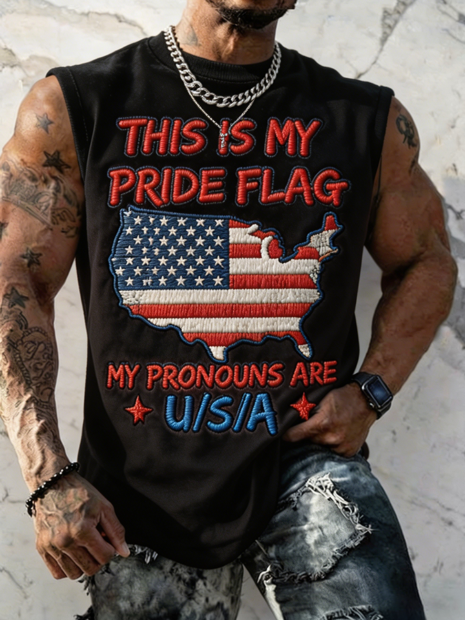 Men's This Is My Pride Flag My Pronouns Are USA Embroidered Sleeveless Tank Top