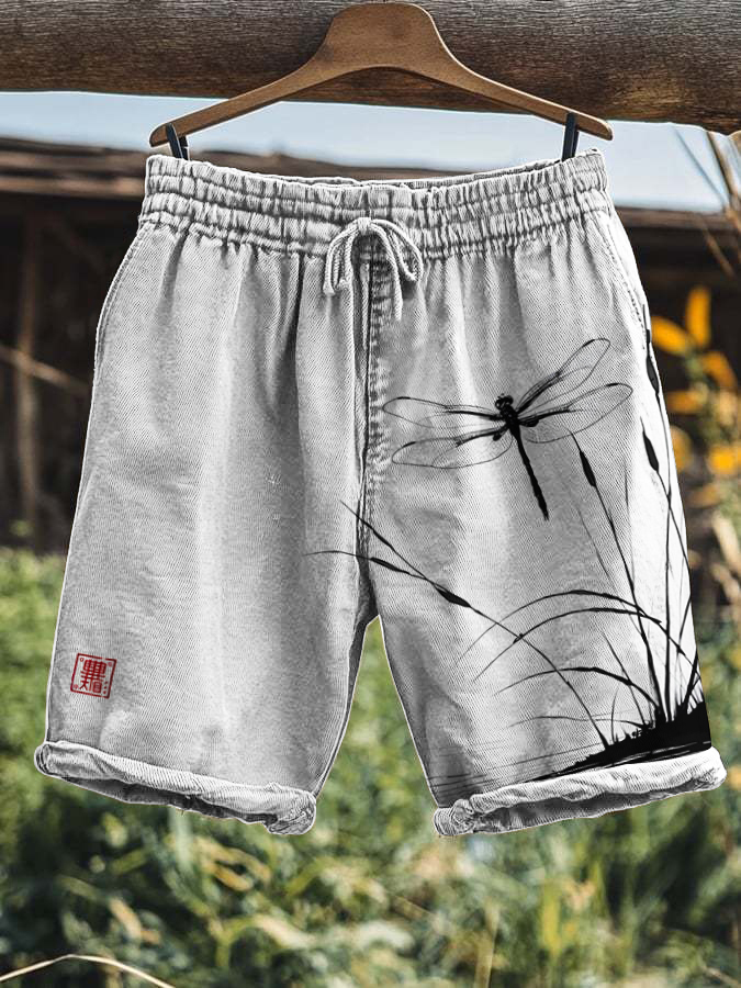 Men's Japanese Art Dragonfly Print Casual Shorts