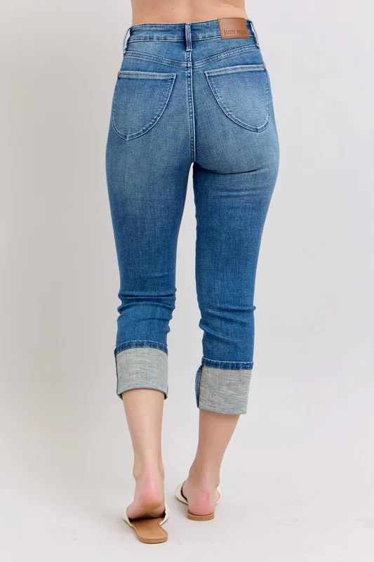 Blue Full Size Skinny Cuff Capris Jeans with Pockets Plus Size