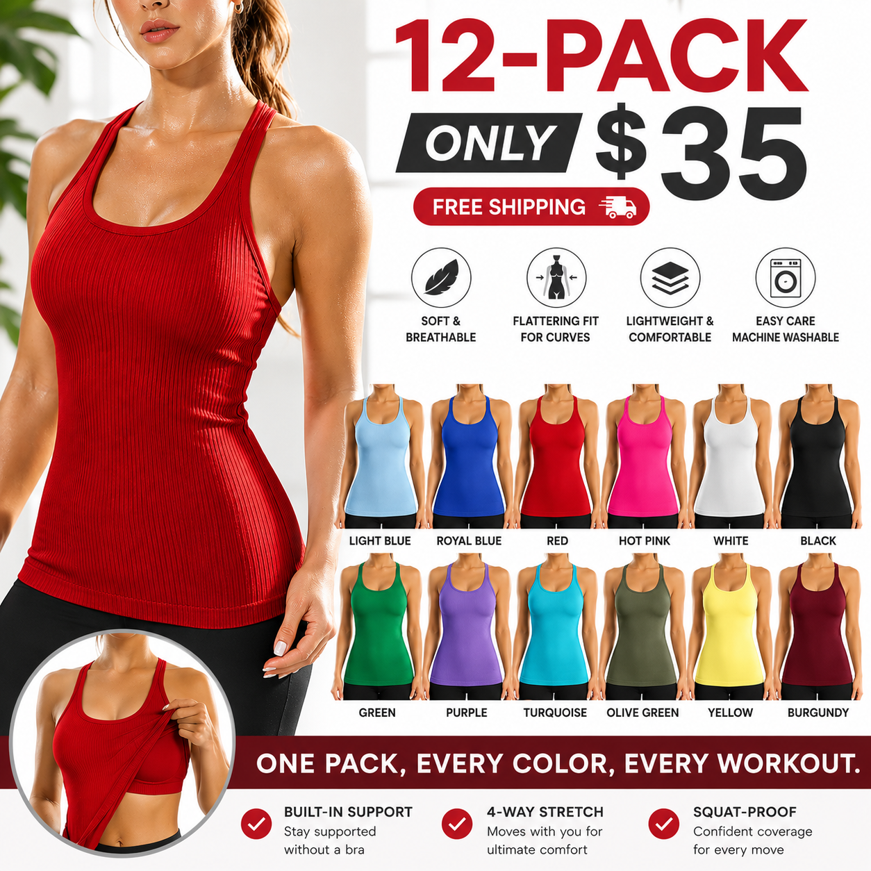 Women’s Ribbed Workout Tank Top with Built-in Bra