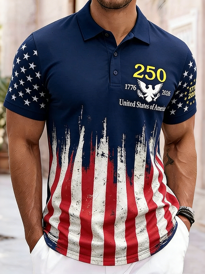 Men'S Casual American Pentagram Flag Gradient Personalized Print Lapel Polo Shirt