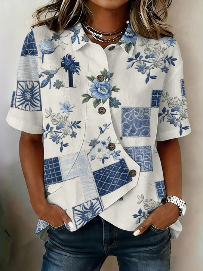 Women'S Cotton And Linen Faith Flower Button Design Casual Short Sleeved Shirt