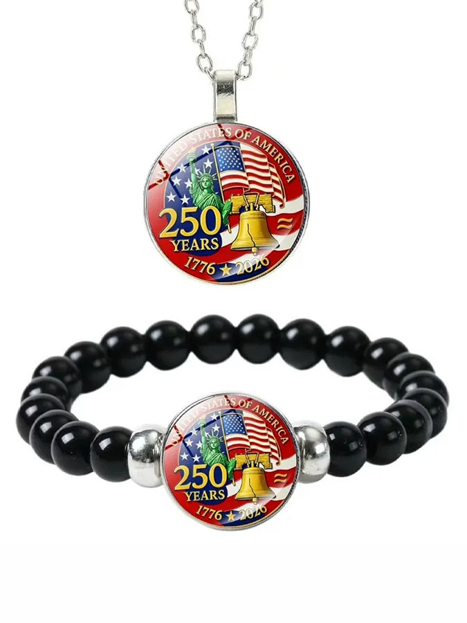 Unisex American Independence Day Necklace Bracelet Set, Gift Accessory Two-Piece Set