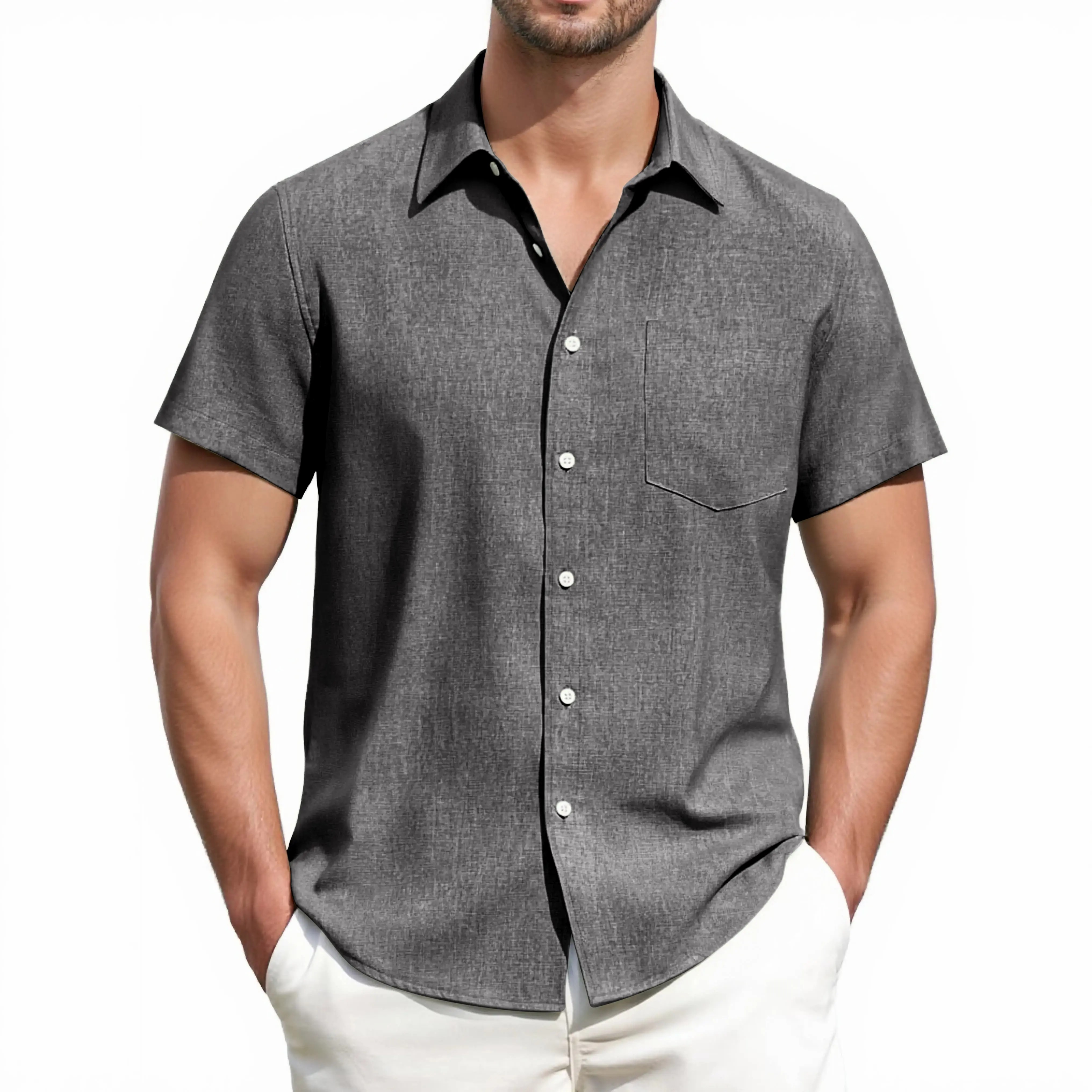 Men's Linen Short Sleeve Shirt – Breathable Lightweight Casual Button Down with Pocket