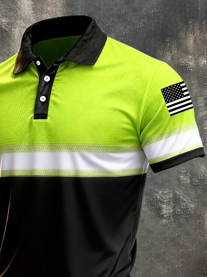 Men's Retro Patriotic Color-Block Short-Sleeve Polo Shirt