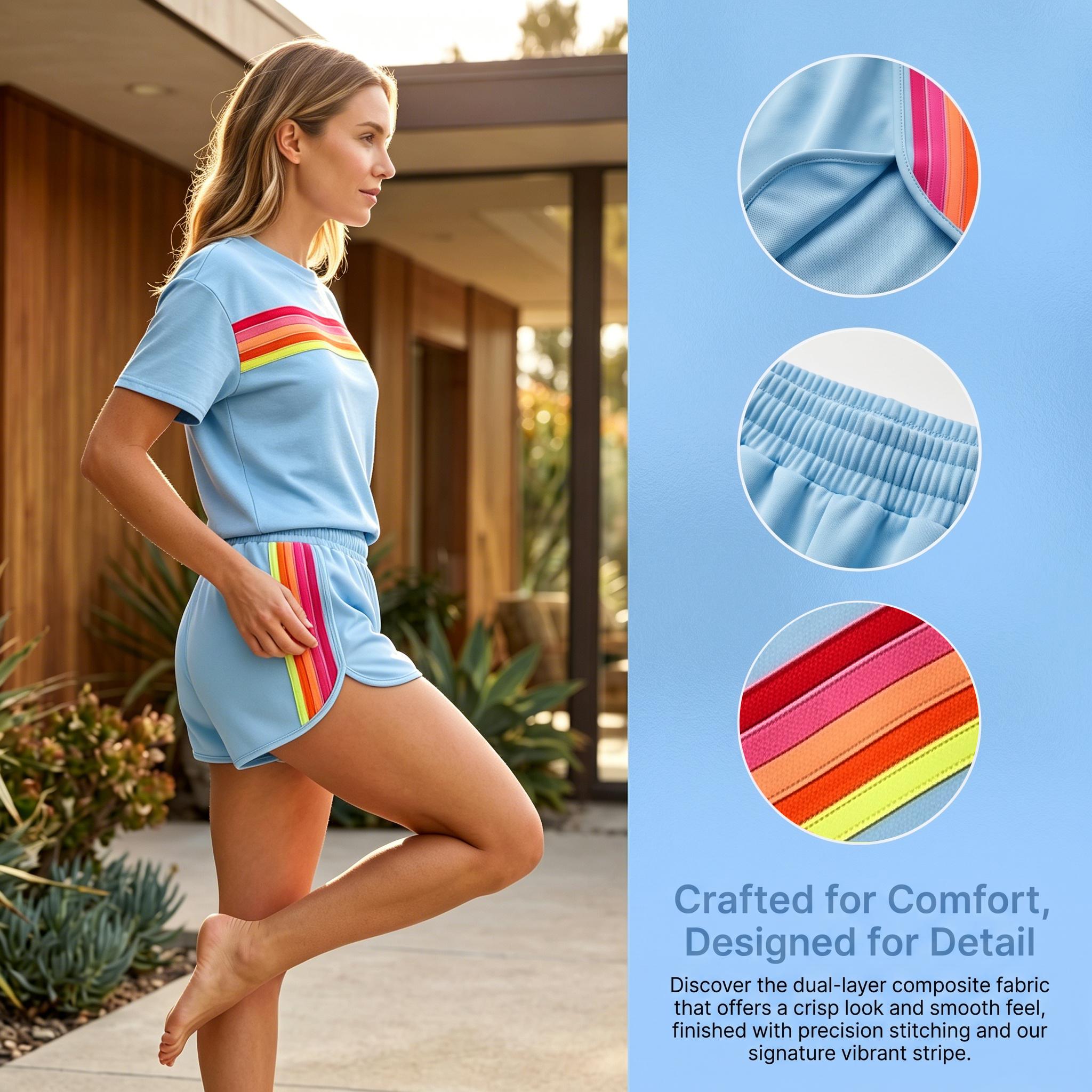 Women's Short Two-Piece Rainbow-Striped Outdoor Sports Set