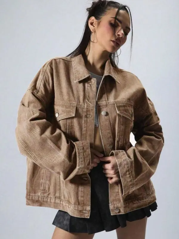 Women's Plain Button Front Drop Shoulder Denim Coat