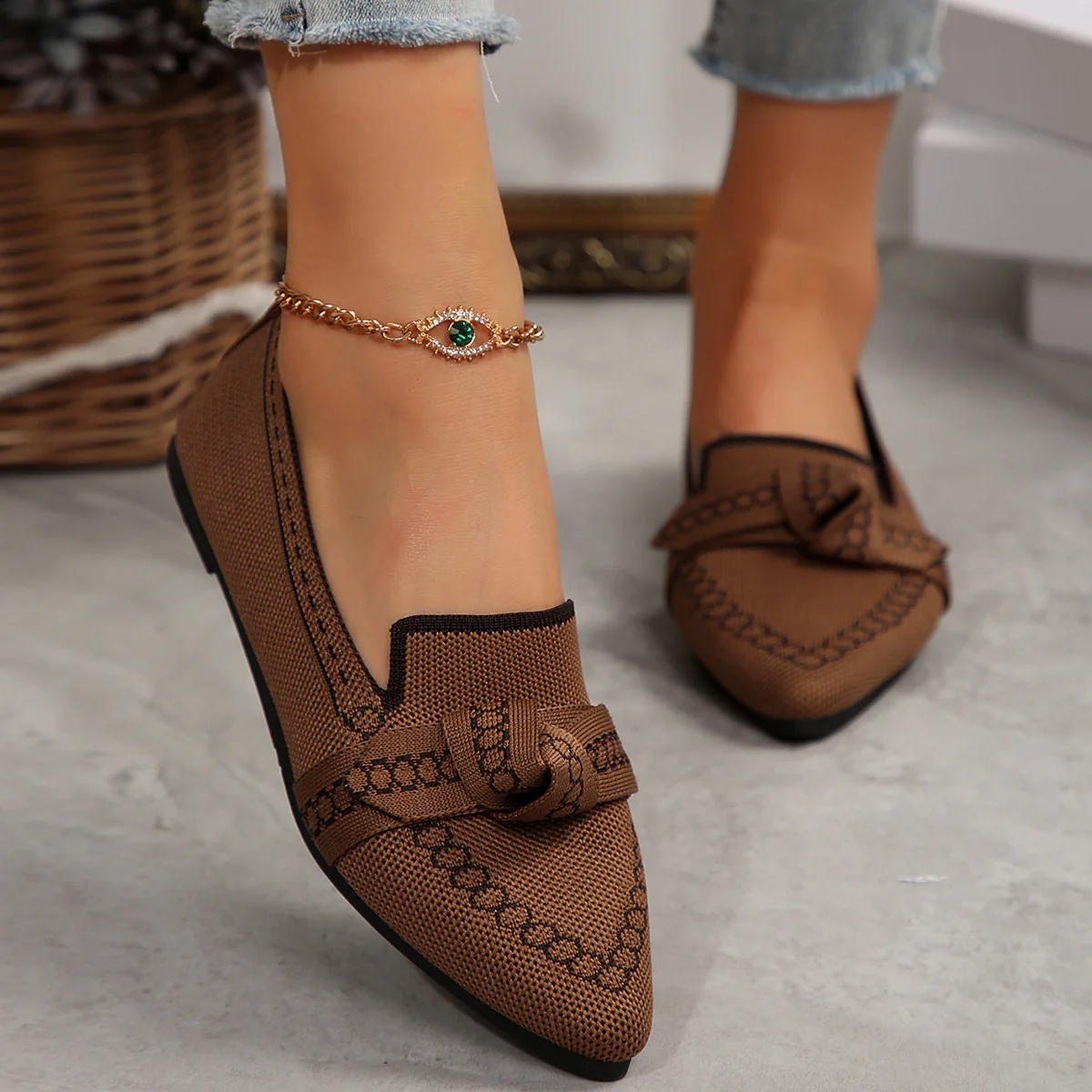 Knitted Slip-On Flats with Bow (multiple color options)