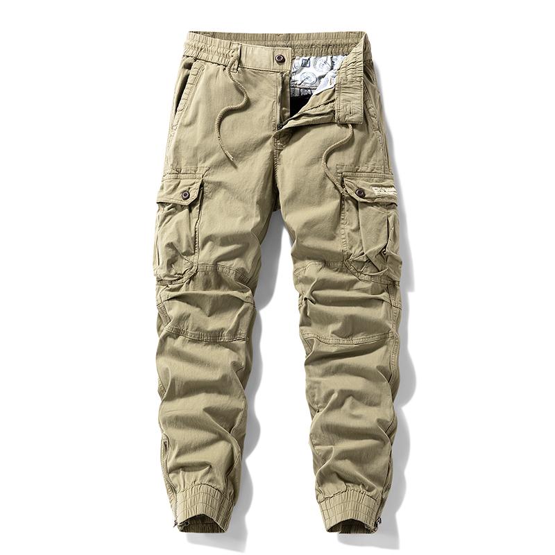Versatile trendy functional cargo pants for men — drawstring cuffs, multiple pockets, retro outdoor casual style