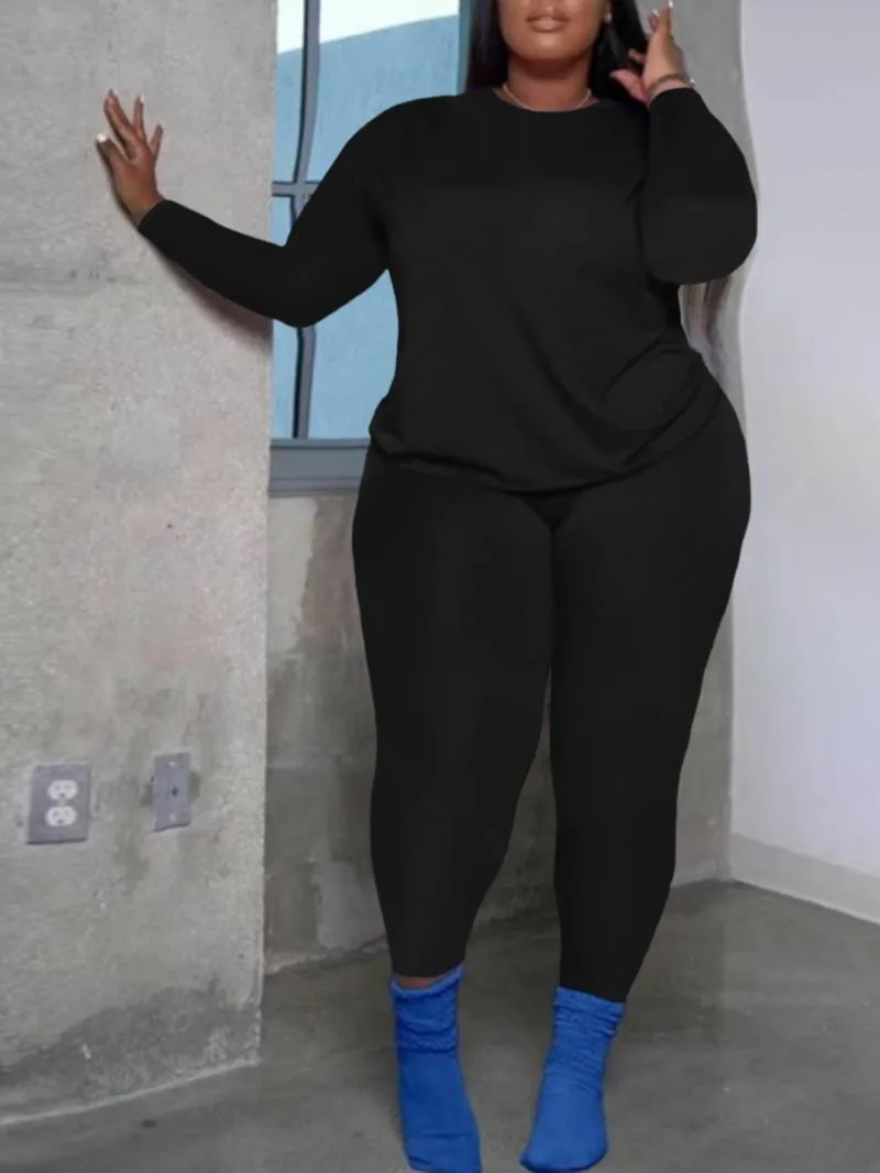 Women's Plus Size 2-Piece Set, Long-Sleeve Round-Neck Top & Pants, Casual Home Sportswear for Daily Wear