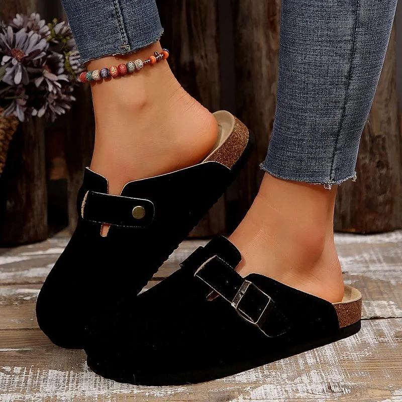 Round-Toe Cork Insoles Flat Buckle Fashion Walking Shoes