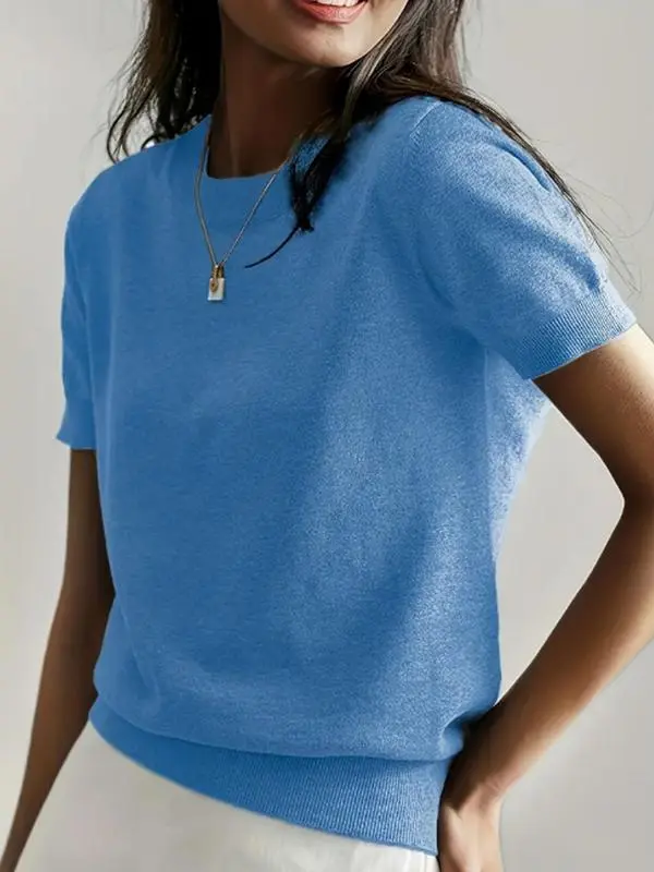 Women's Solid Color Crew Neck Short Sleeve Pullover