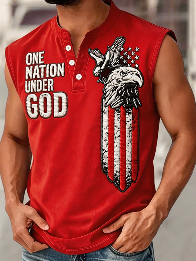 Men's One Nation Under God Bald Eagle USA Flag Embroidered Sleeveless Top