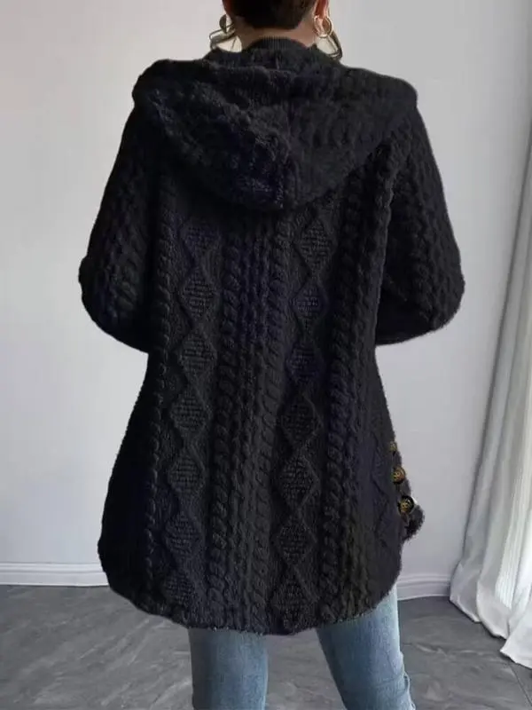 Women's Fall Winter Warm Fashion Jacquard Hooded Cardigan Long Sleeve Coat