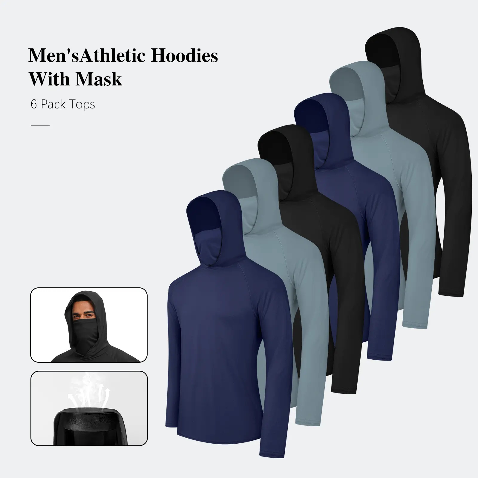 Men's 6 Pack UV Sun Protection Hoodie | Rash Guard with Face Mask