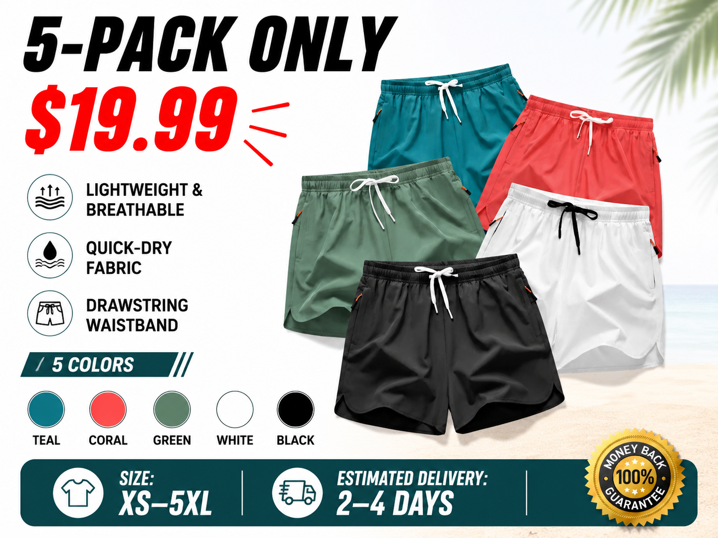 5-Pack – Men's Breathable, Quick-Drying Summer Beach Shorts