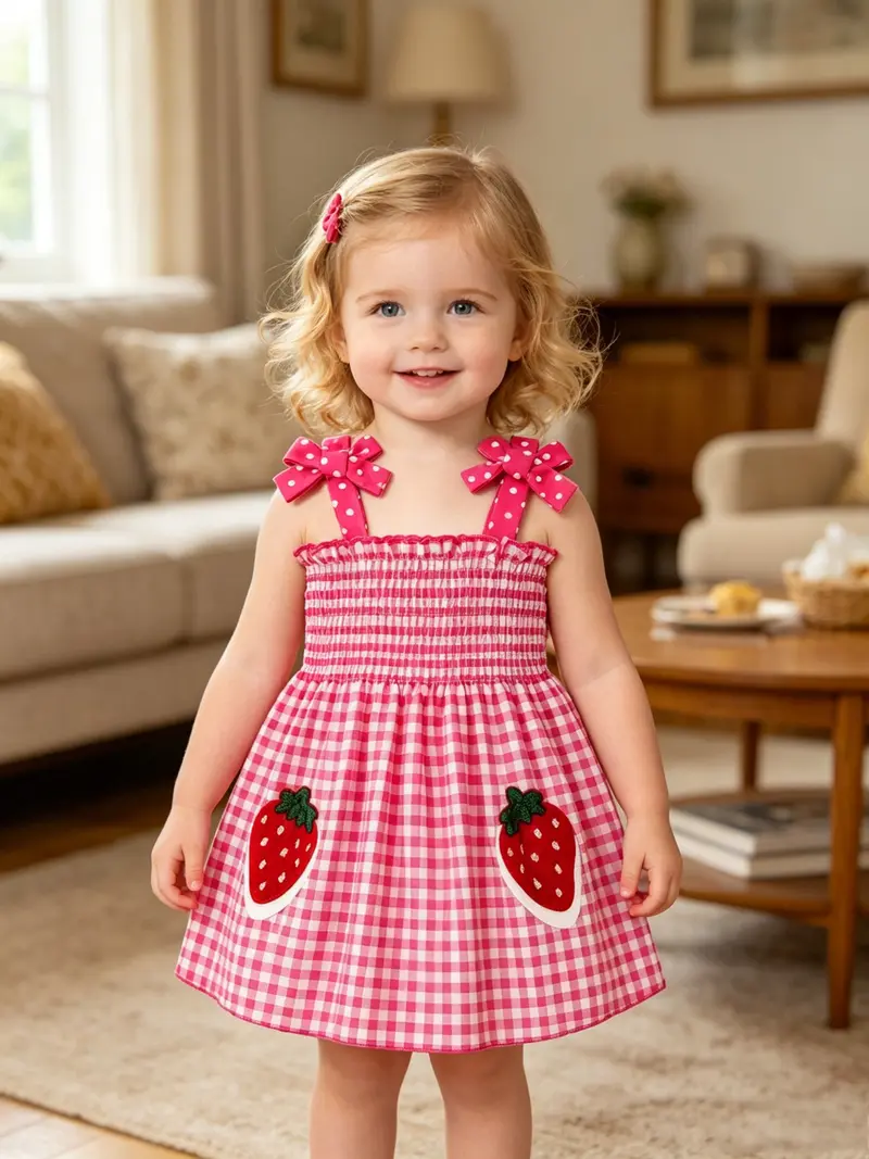 🌞 Cute & Sweet Summer Set for Girls! Plaid & Fruit Prints, Bow Shoulder Straps, 4-Piece Versatile Kids' Outfit for Summer Fun! 👗🍉