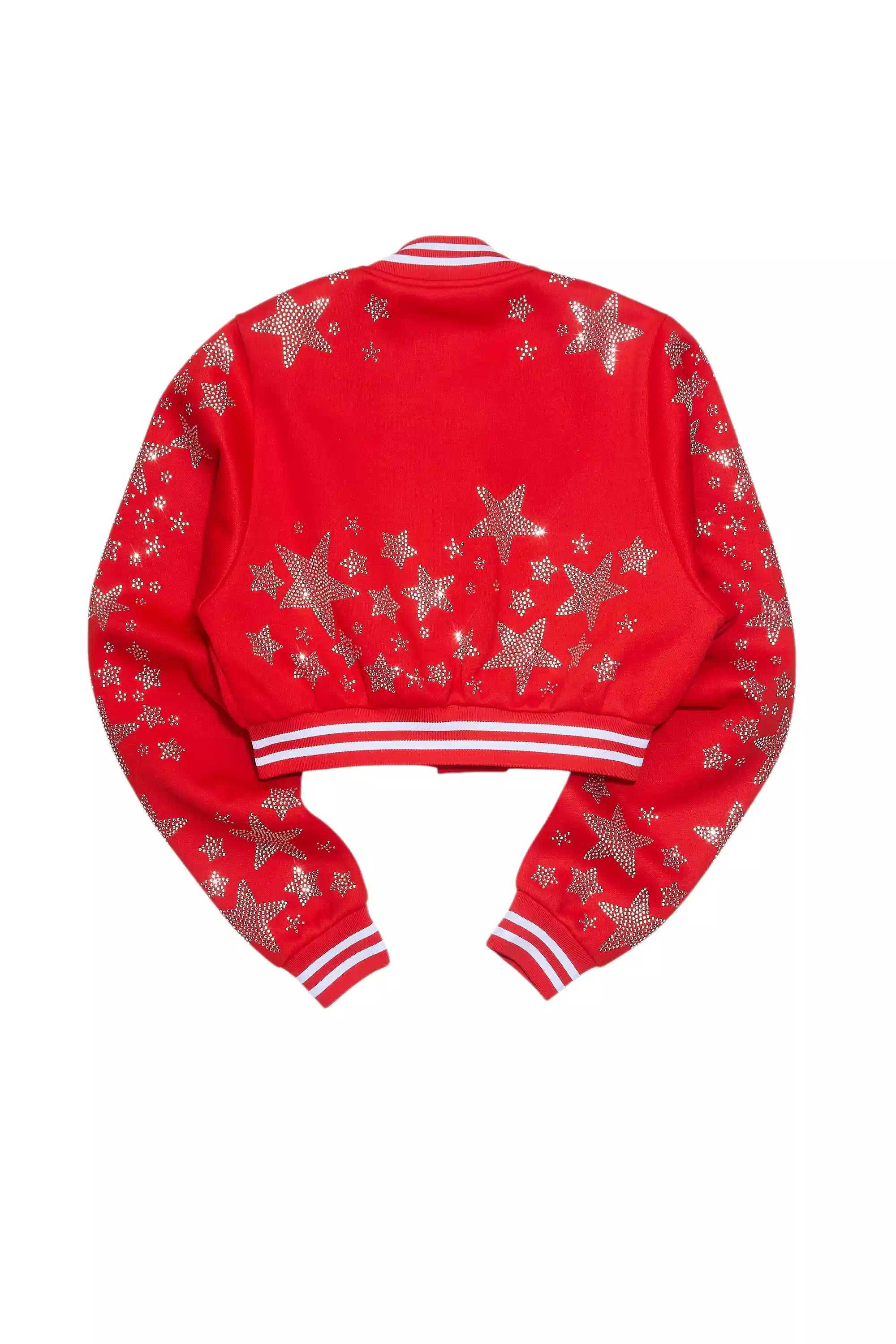 Shanda Red Crop Rhinestone Varsity Jacket