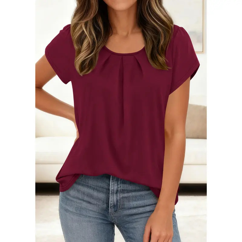 Women's Basic Crew Neck T-Shirt with Pleats
