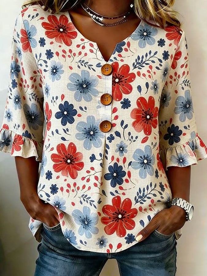 Women's Independence Day 250th Anniversary Commemorative Flag Flower Art Retro Printed Casual Top