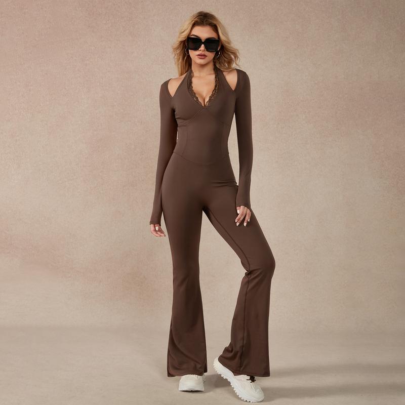 Women's Long-Sleeve Lace-Trim Halter Jumpsuit