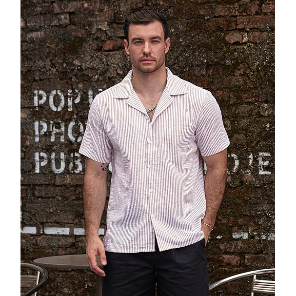Men‘s Striped Summer Shirt Casual Button Down Short Sleeve Beach Shirts