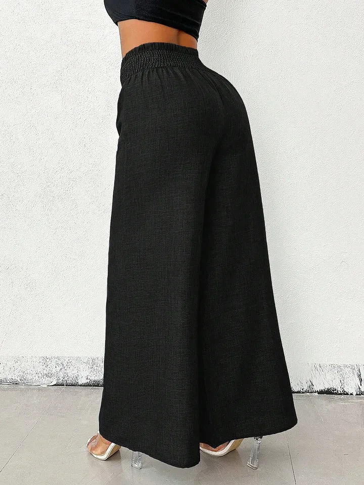 Women's Solid Color High-Waisted Pants, Stretchable Loose-Fitting Wide-Leg Trousers