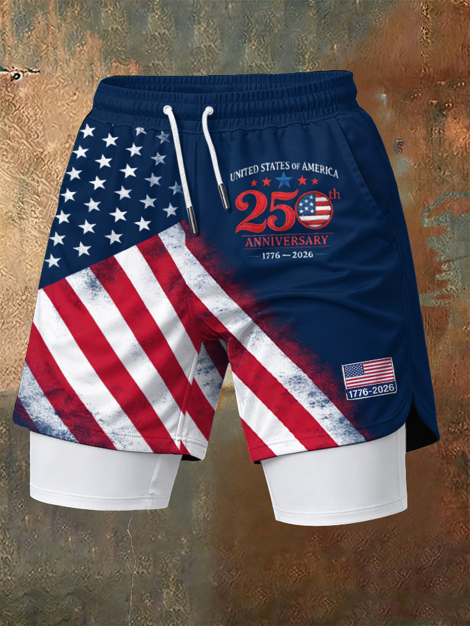 Men'S Independence Day Founding Celebration Printed Pattern Slim Fit Double Layer Sports Elastic Belt Quick Drying Breathable Shorts