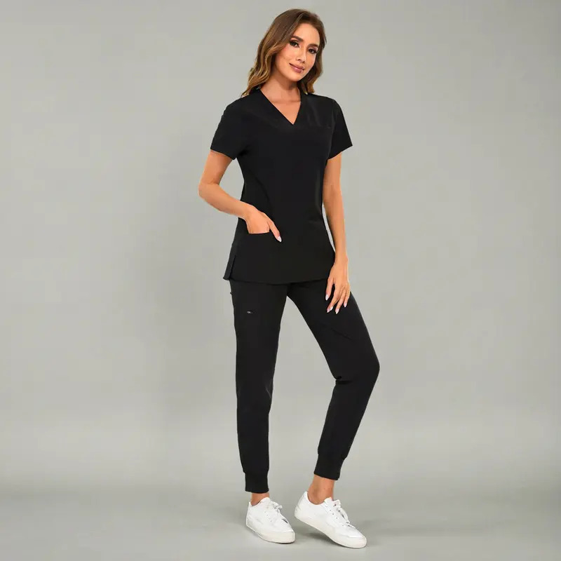 Women's Set — Stretch V-Neck Scrub Top and Jogger-Style Scrub Pants (8 Pockets)