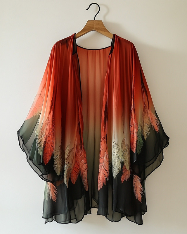 Summer comfortable handmade feather theme embroidery print gradient color cardigan 609c