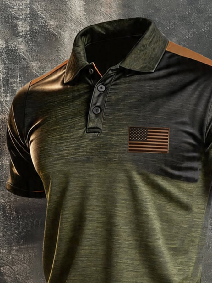 Men's Retro Patriotic Color-Block Short-Sleeve Polo Shirt
