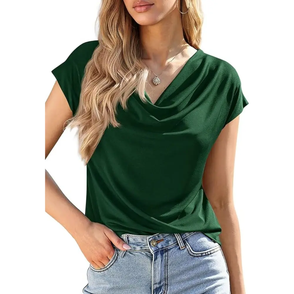 Women's Cowl-Neck Short-Sleeve Top — Elegant Casual Wear, Summer Shirt